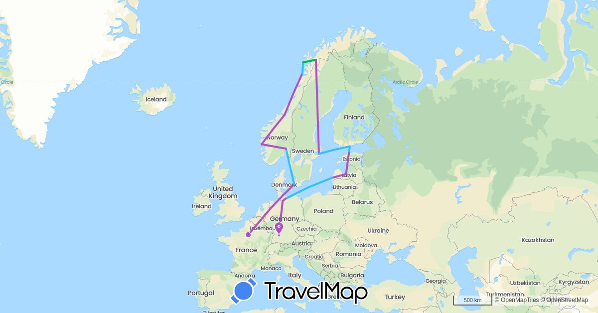 TravelMap itinerary: driving, bus, train, boat in Germany, Denmark, Estonia, Finland, France, Latvia, Norway, Sweden (Europe)